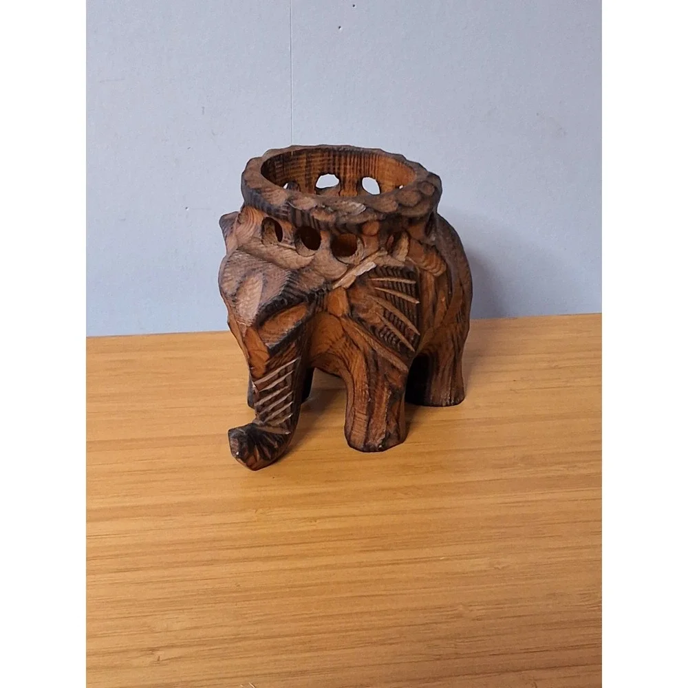 Hand Carved Wooden Elephant Trinket Candle Planter Holder‎